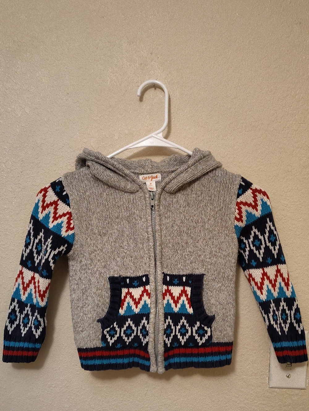 Cat & Jack Gray Hooded Zip Cardigan with Colorful Patterned Sleeves